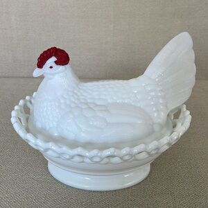Westmoreland Milk Glass Hen on Bowl